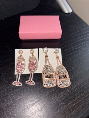 Rose Gold 'Bride' Champagne Bottle & Pink Champagne Glass Dangle Earrings Set